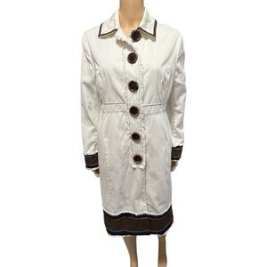 Boden Ivory Trench Coat with Brown & Navy Blue Accents Cute Fringe Size 12